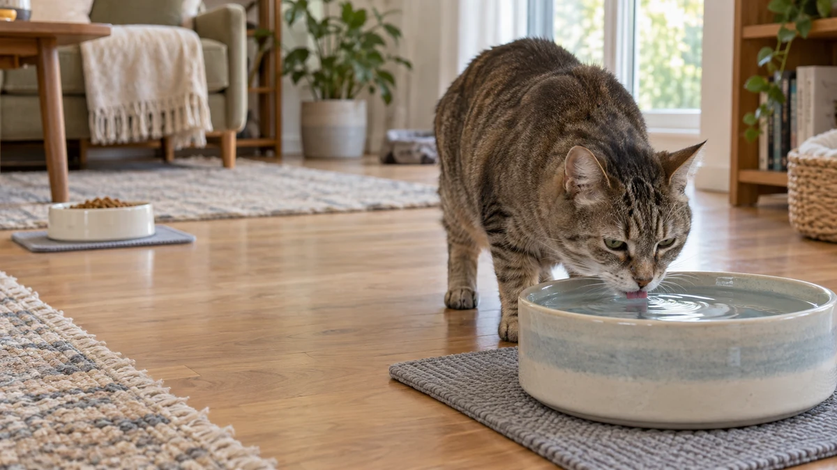 Senior brown tabby drinking from a wide ceramic bowl with a separate food station visible across a clear room