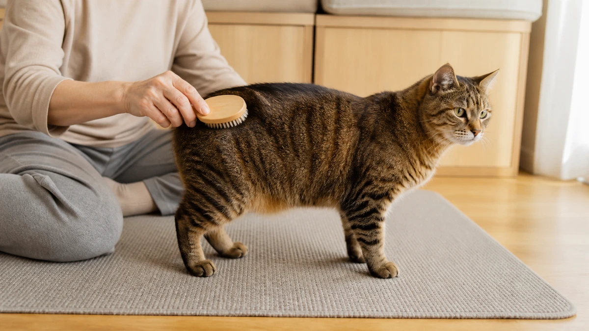 Mature brown tabby standing freely while a caregiver gives the lower back one gentle brush stroke