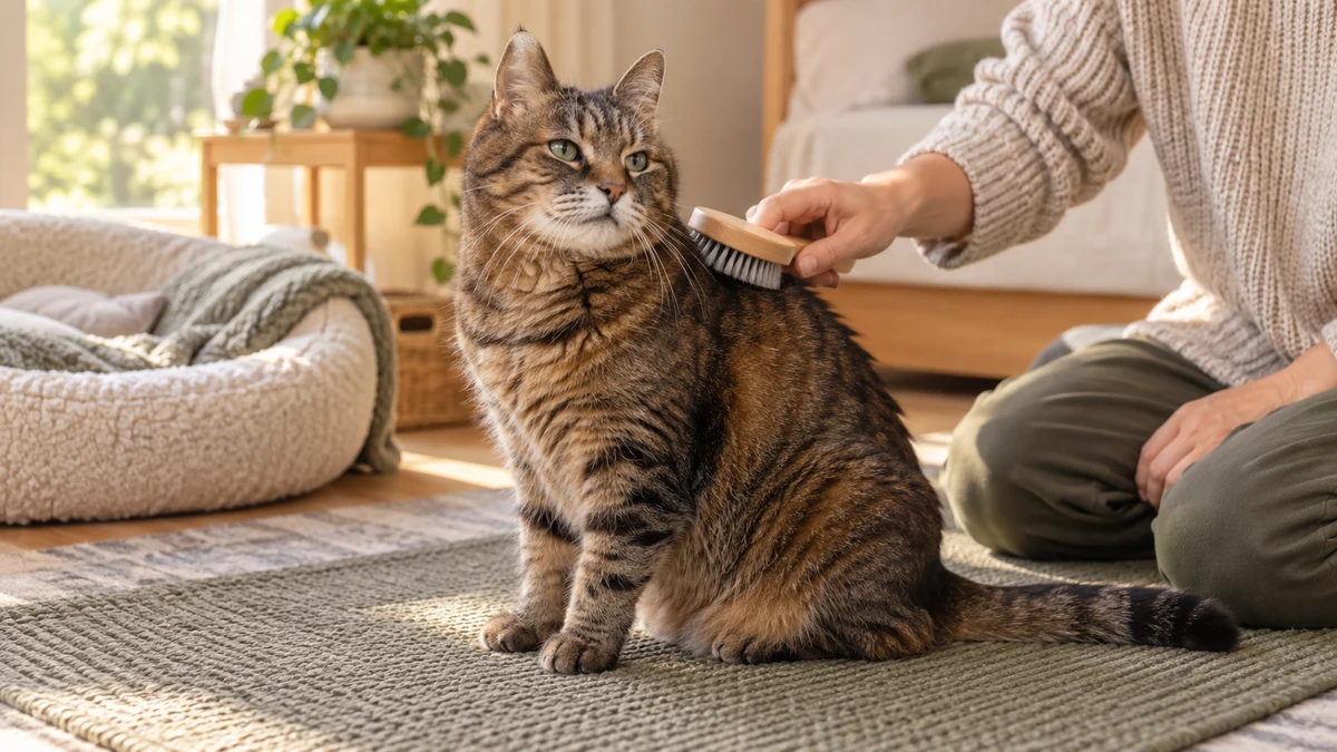 Caregiver gently brushing the upper back of a relaxed senior brown tabby beside a warm low bed