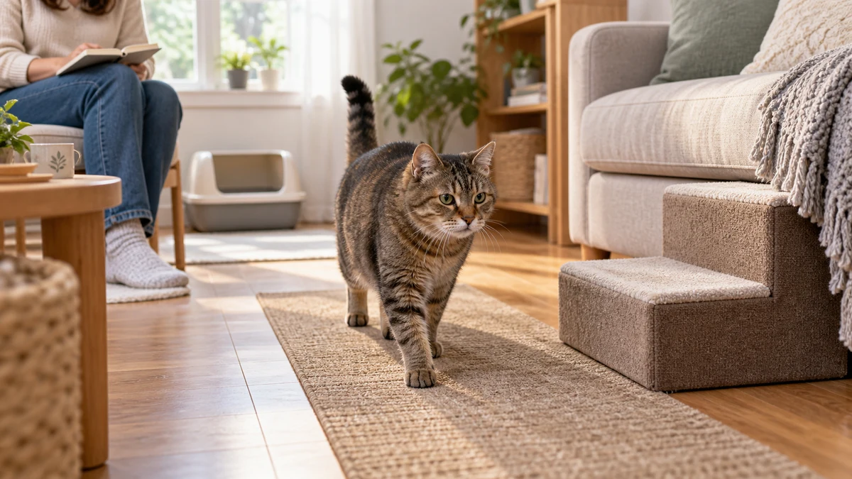 Senior brown tabby walking on a nonslip runner beside stable pet steps while a caregiver records observations in a quiet living room