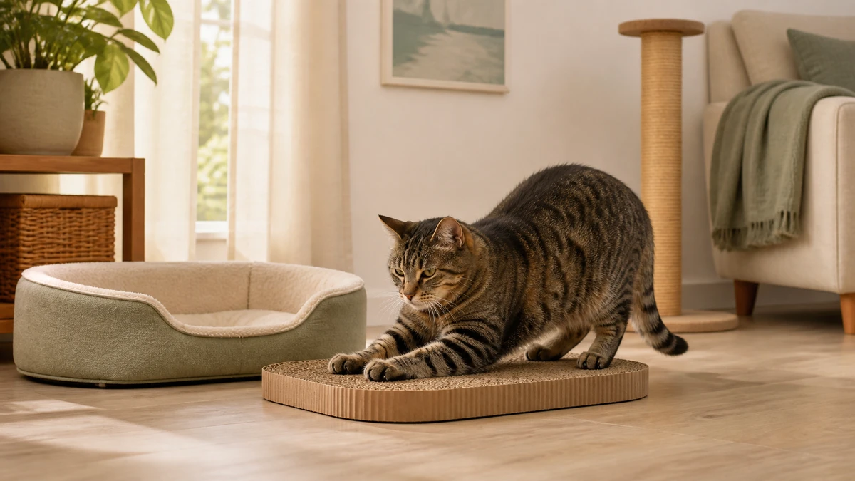 Older tabby cat comfortably stretching across a low horizontal cardboard scratcher beside a bed
