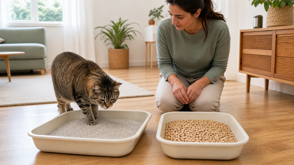 Older tabby comparing a low-entry tray of fine litter with a tray of coarse wood pellets while a caregiver observes