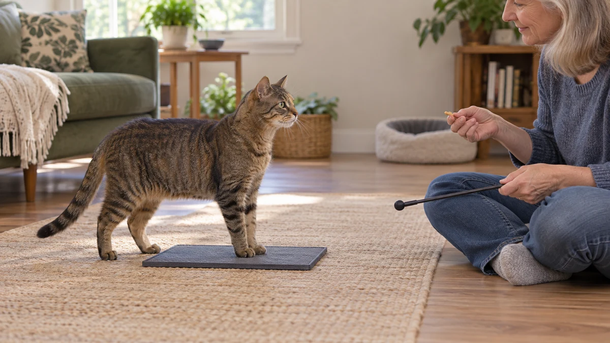 Senior brown tabby comfortably places its front paws on a low flat mat while the caregiver keeps the target lowered and offers a small reward