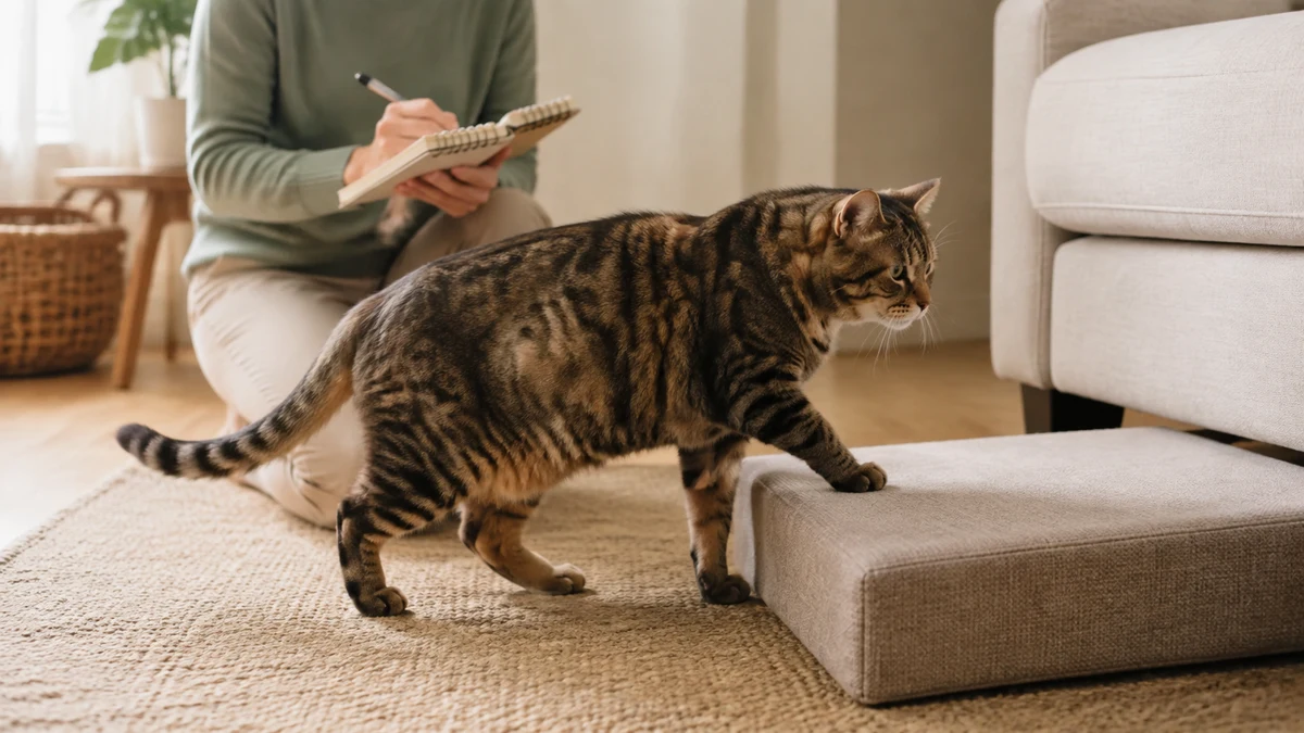 Senior brown tabby approaching a low cushioned step while a caregiver observes mobility and records changes
