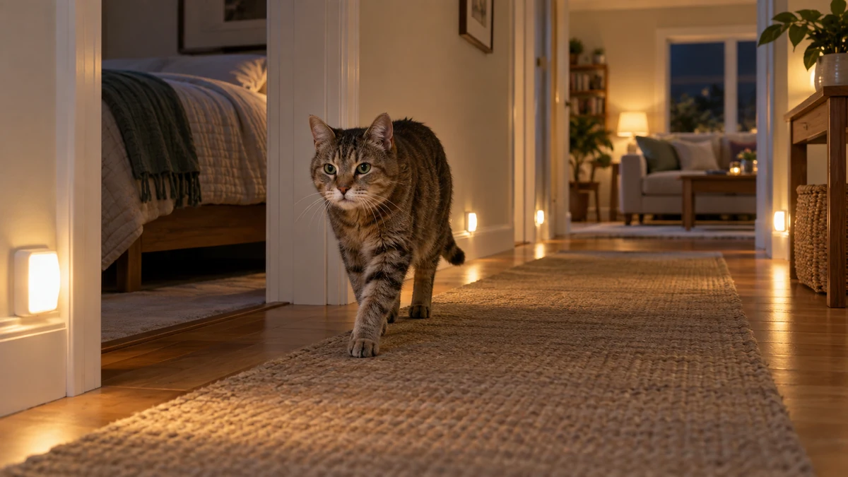 Senior brown tabby walking along a familiar nonslip hallway route marked by gentle floor-level night lights