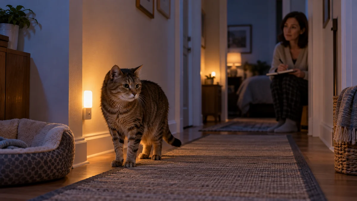 Senior brown tabby pauses under a nightlight on a clear nonslip route while a caregiver observes and records the change from a distance