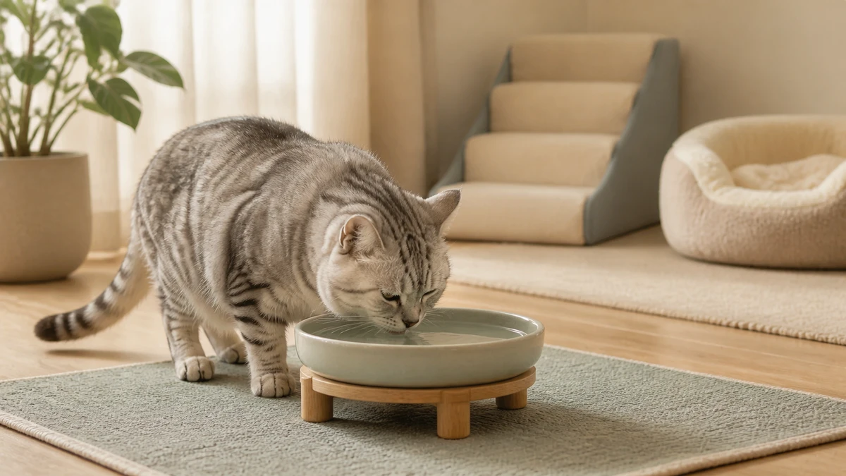 Senior silver tabby using a wide shallow water bowl on a stable low stand