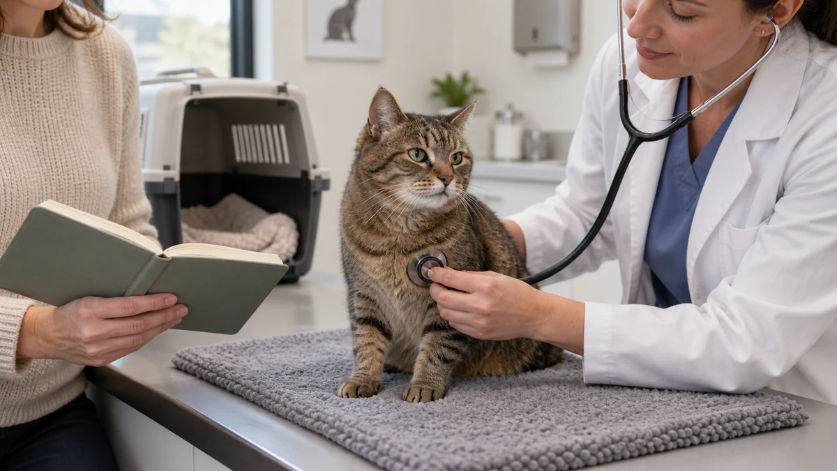 Veterinarian gently listening to a calm senior brown tabby while a caregiver shares an observation notebook beside an open carrier