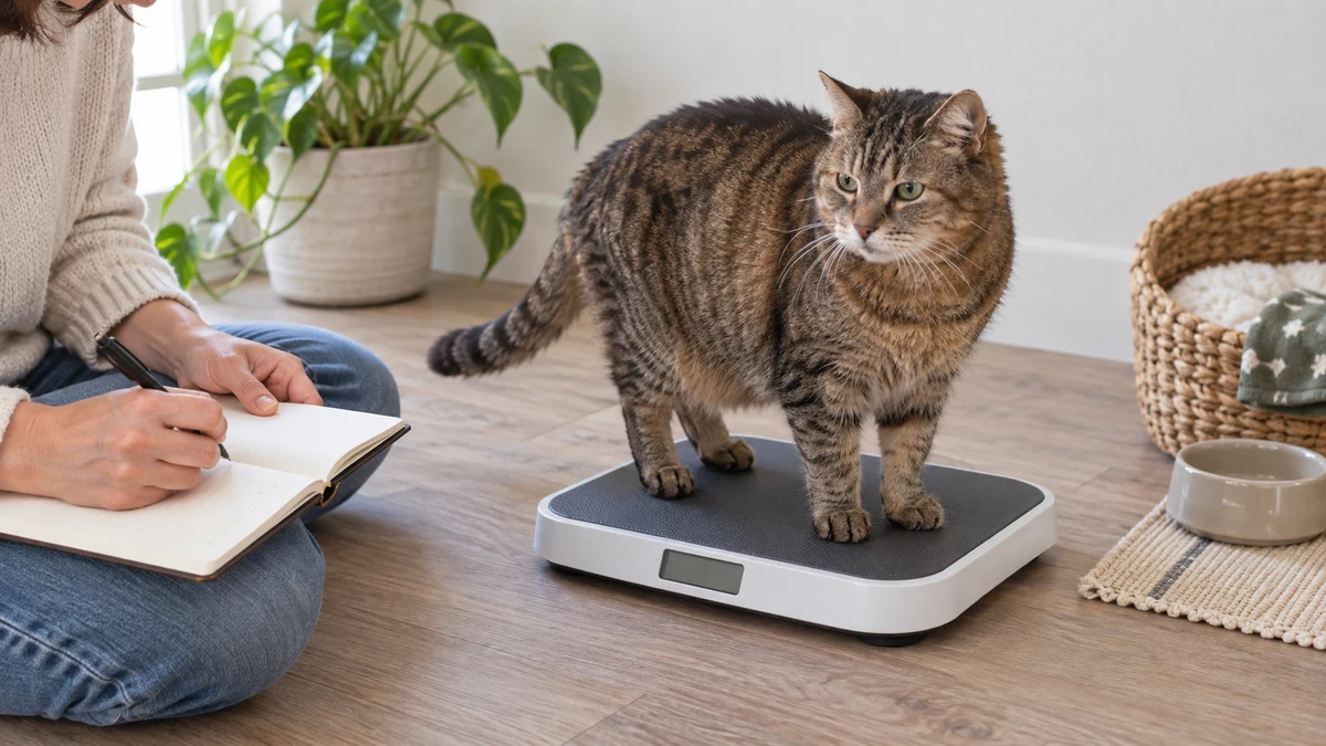Caregiver writing in a plain notebook while a senior brown tabby stands naturally on a low pet scale