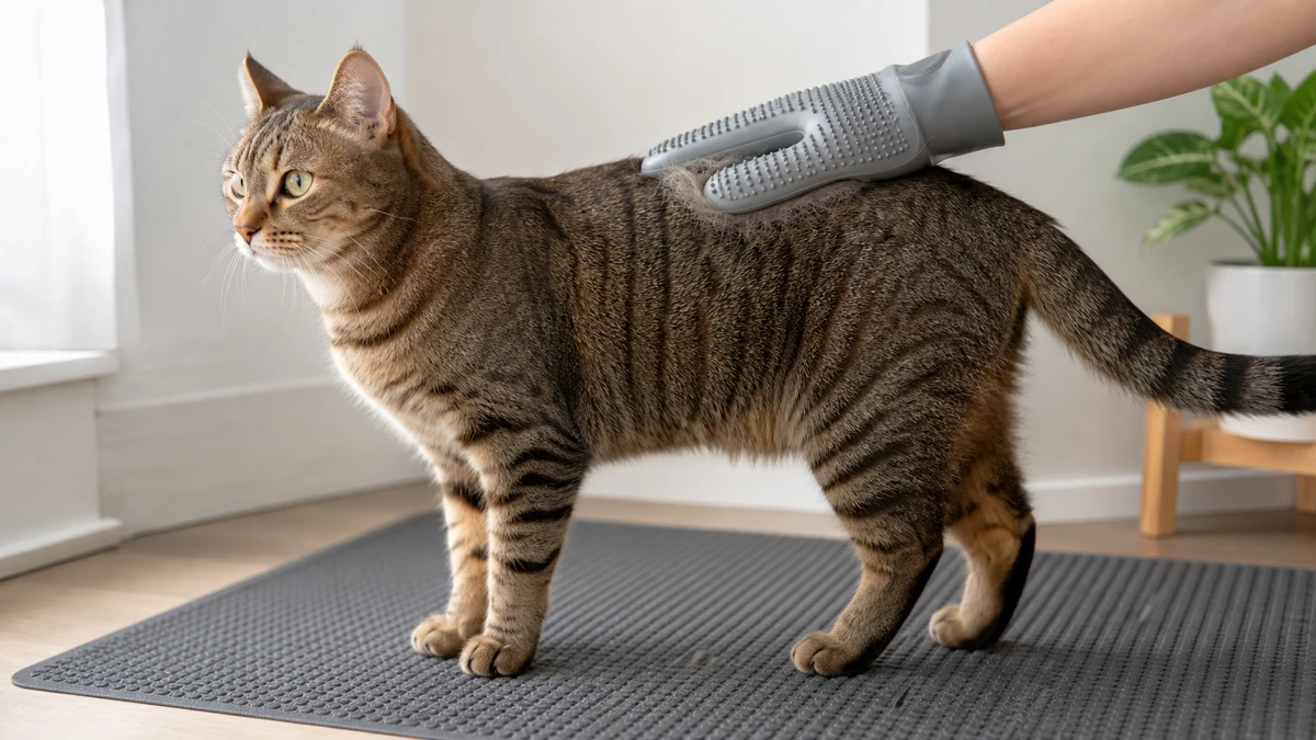 Short-haired brown tabby standing freely while a caregiver uses a soft grooming mitt along the coat