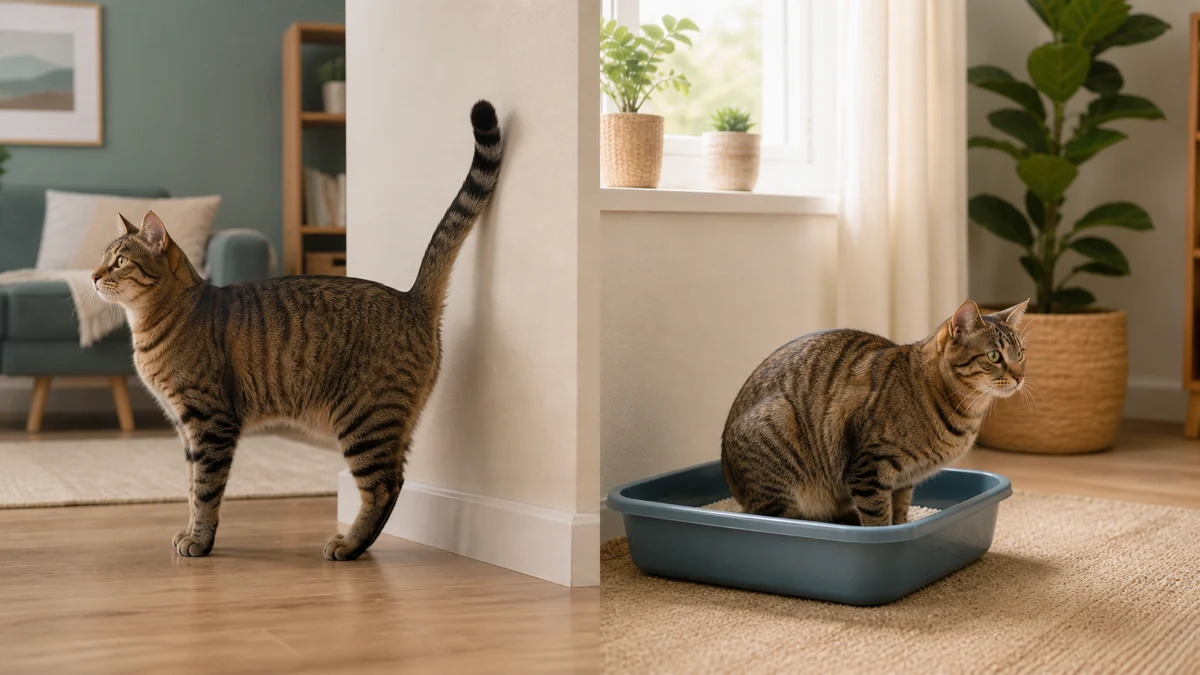 Two views of a tabby cat showing an upright spray-marking posture beside a wall and a squatting toileting posture inside a litter box