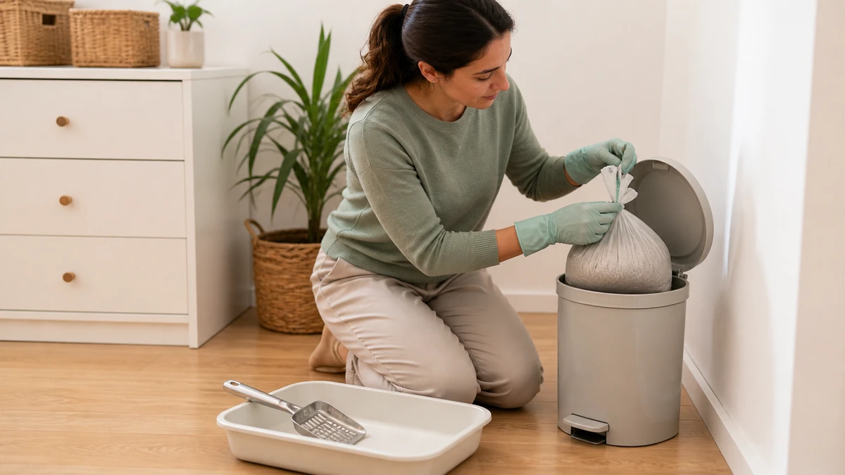 Caregiver placing a tied opaque bag of used cat litter into a lidded household waste bin