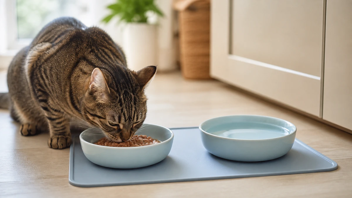 Brown tabby eating wet cat food beside a separate wide bowl of fresh water