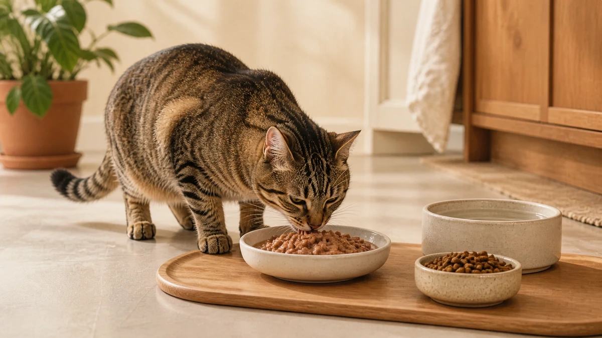 Brown tabby eating moisture-rich wet food beside separate bowls of dry food and fresh water