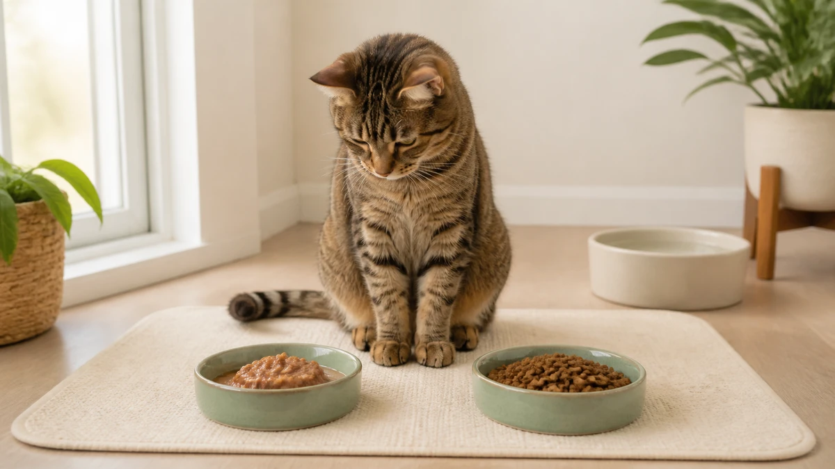 Healthy brown tabby calmly looking at separate bowls of wet and dry cat food with fresh water available nearby