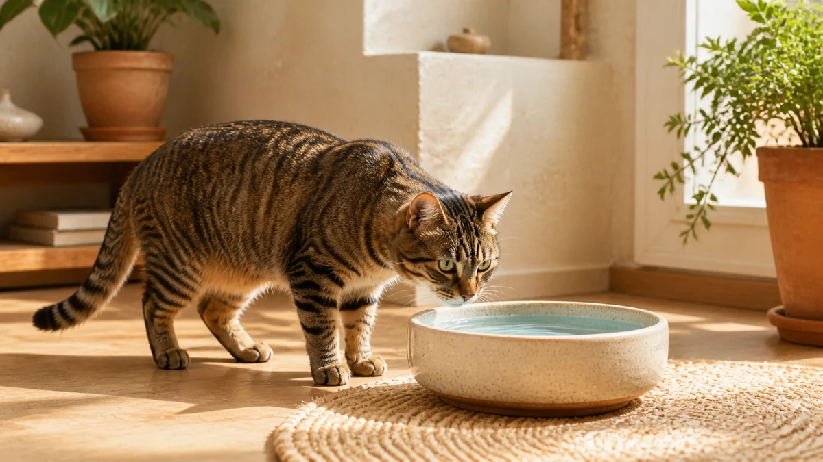 Brown tabby cat pausing beside a wide ceramic bowl filled with fresh water in a sunny room