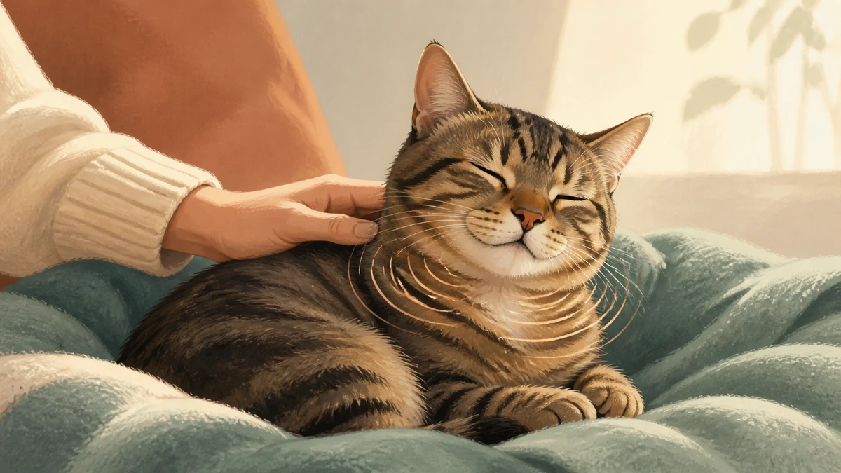 Relaxed tabby cat purring on a teal blanket while a person gently strokes its neck