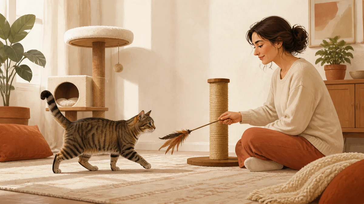 Warm illustration of a caregiver redirecting a tabby cat toward a feather toy and scratching post